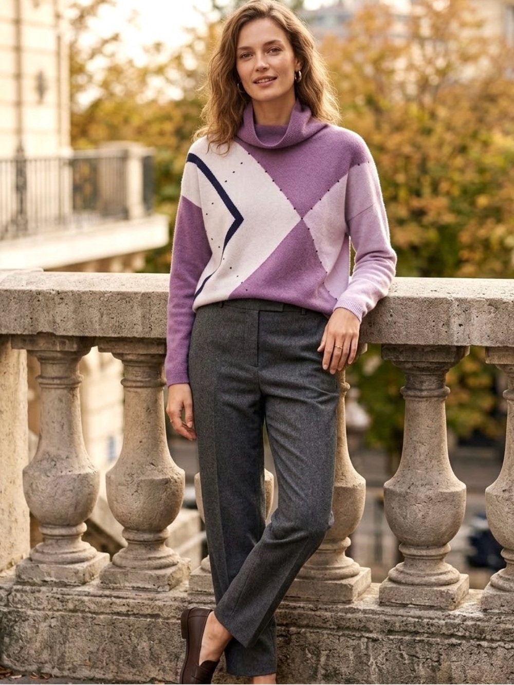 BLACK GOAT CASHMERE Purple Colorblock Geometric Cowl Neck Sweater - Sz M